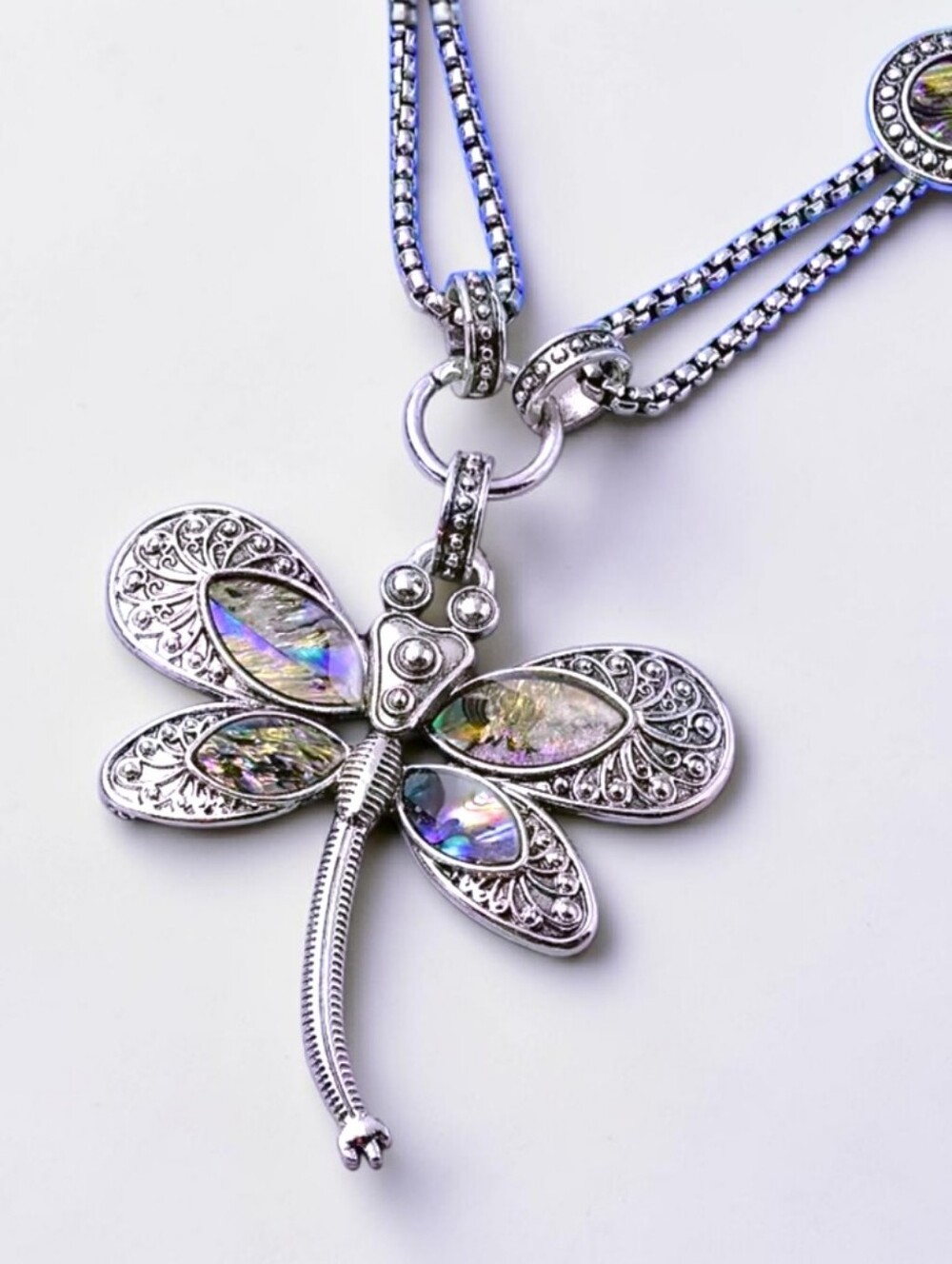 Abalone Shell and Austrian Crystal Dragonfly Necklace in Silvertone 22-24" - Picture 3 of 5